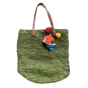 Green Straw Tote with Tassels Beach Tote